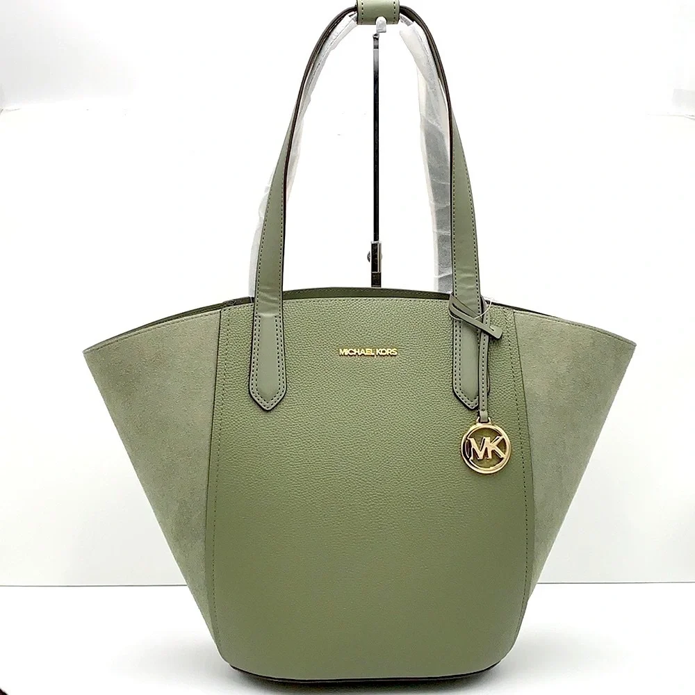 MICHAEL KORS PORTIA LARGE TOTE ARMY GREEN COLOR Pebbled leather/ suede